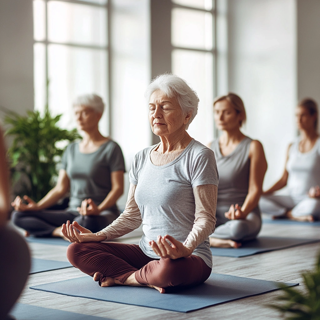 Група людей похилого віку на занятті з йоги