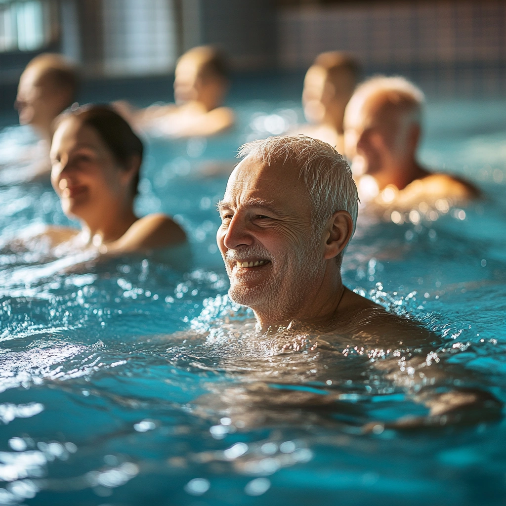 Люди похилого віку займаються плаванням у басейні