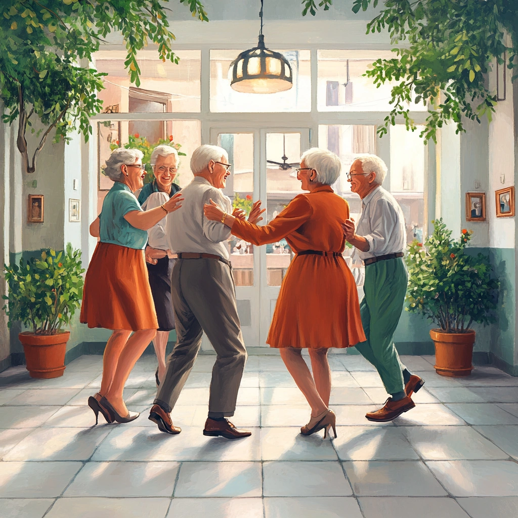 Група людей похилого віку танцює в залі